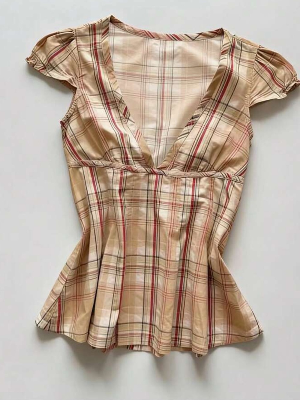 Plaid V-Neck Cap Sleeve Top in Beige